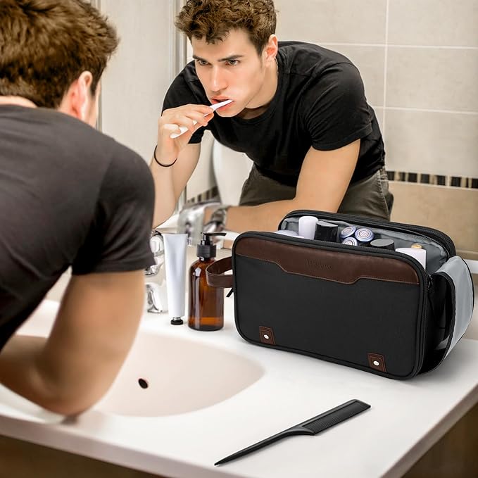 Wedama Toiletry Bag for Men, Large Hanging Travel Toiletry Bag, Extra Electronic Organizer Bag Waterproof Shaving Bag for Toiletries with PU Handle for Travel Business Trips Swim Camping, Black&Brown