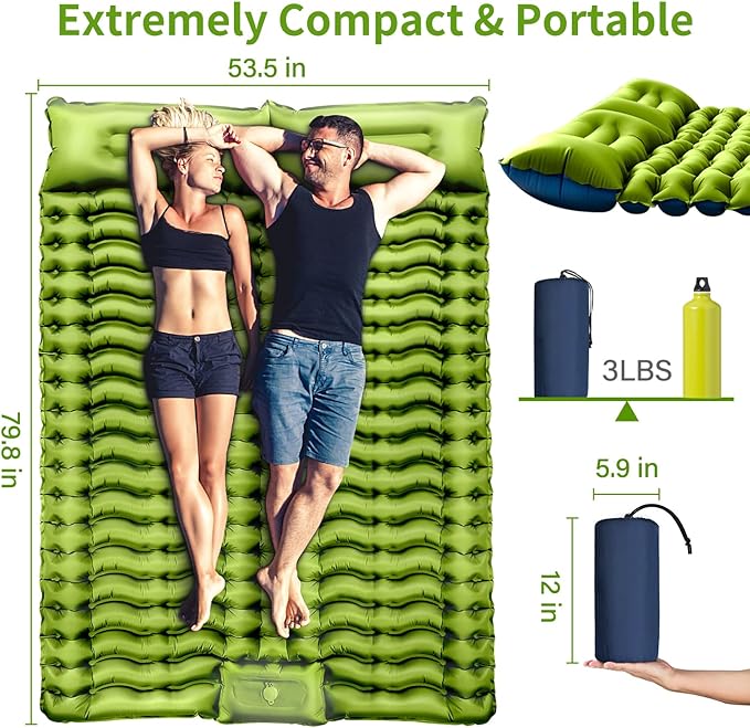 Double Sleeping Pad - Self Inflating 4" Extra-Thick for 2 Person with Pillow Built-in Foot Pump Inflatable Sleeping Mat for Backpacking, Hiking, Traveling, Tent, Portable Camping Mat