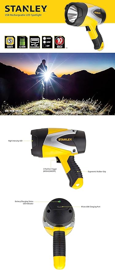 STANLEY SL5W09 Rechargeable 1000 Lumen Lithium Ion Ultra Bright LED Spotlight Flashlight