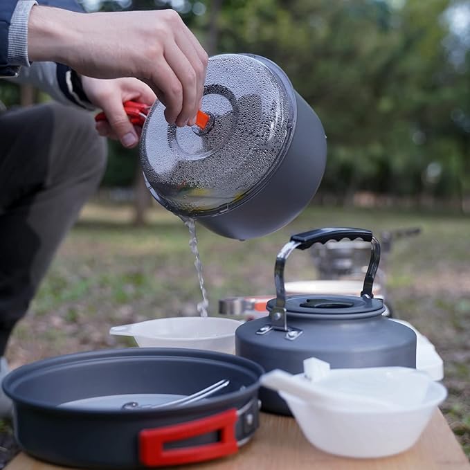 Bulin 24/13/11/8/4 PCS Camping Cookware Mess Kit Lightweight Backpacking Cooking Set Outdoor Cook Gear for Family Hiking, Picnic(Kettle, Pot, Frying Pan, Bowls, Plates, Spoon)