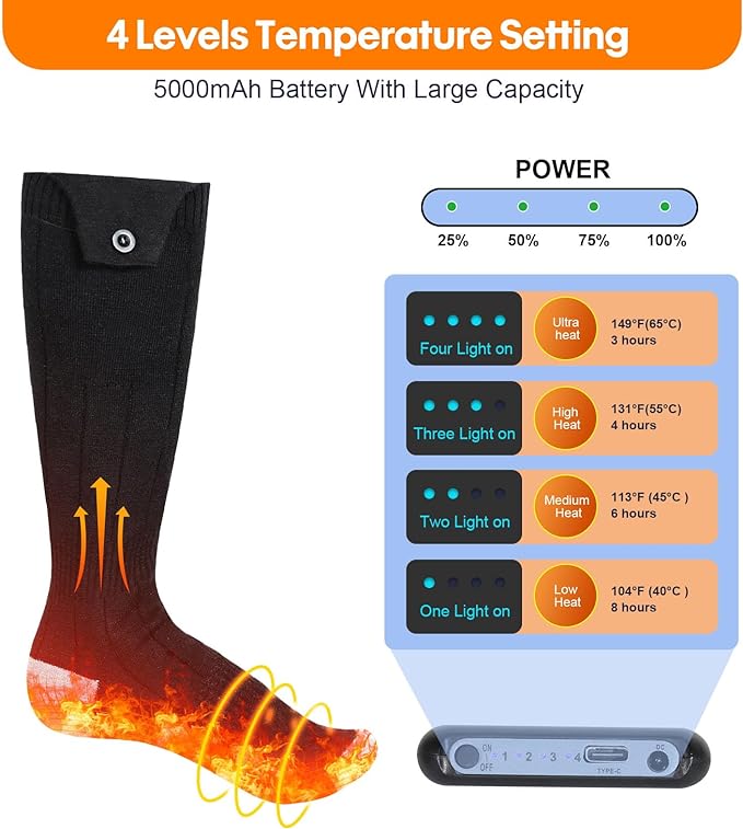 Heated Socks, Heated Socks for Women Men, 5000mAh Rechargeable Electric Heated Socks Up to 8 Hours, Washable Winter Warm Socks for Outdoors Work Fishing Hunting Skiing Cycling Hiking Camping