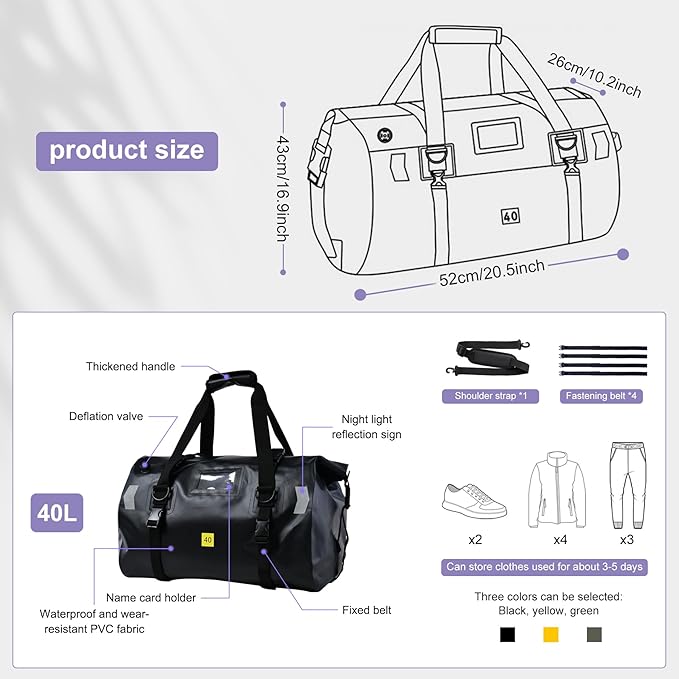 Waterproof Duffel Bag,Roll-Top Heavy Duty Dry Duffle Bag,Motorcycle Dry Bag,with Large Storage Space, Perfect for Traveling, Camping, Kayaking, Fishing & Canoeing (Carbon fiber black, 40L)