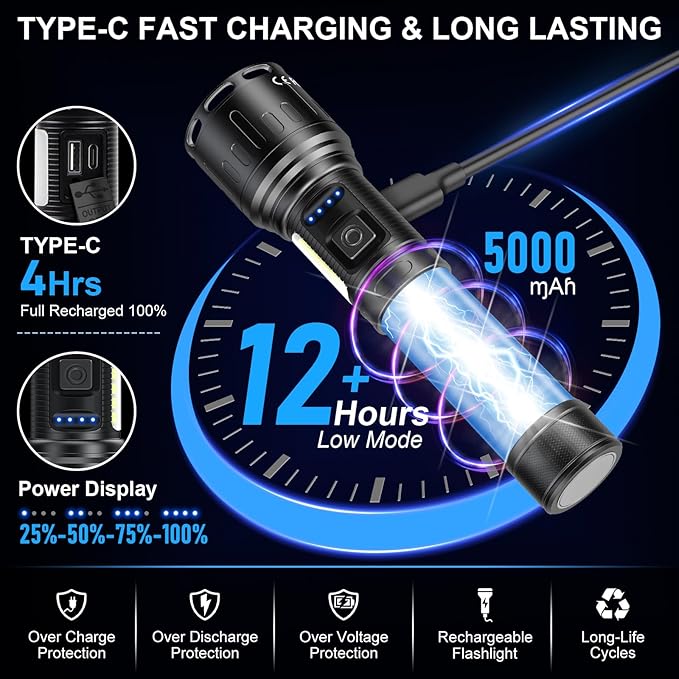 Flashlights 100,000 High Lumens Rechargeable - Super Bright LED Magnetic Flashlight with Sidelight 8 Modes Waterproof Powerful Handheld Flash Light for Emergency (2 Pack with Leather Box, Black)