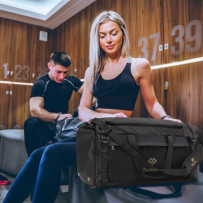 Eackrola Large Sports Gym Bag, Travel Duffel bag with Wet Pocket & Shoes Compartment for men women, 65L, Lightweight(Black)