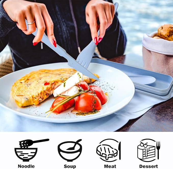 Lnrkai Travel Utensils Set with Case, 4 Sets Wheat Straw Reusable Spoon Knife Forks Tableware, Portable Cutlery Set for Lunch Box Accessories for Adults Kids Travel Picnic Camping or Daily Use