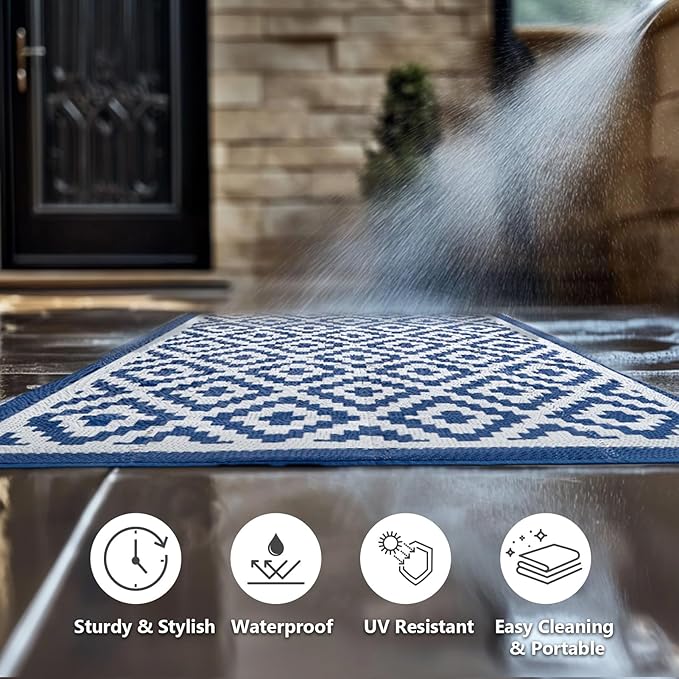6x9 ft Outdoor Rug Waterproof, Plastic Straw Patio Carpet - UV Resistant Reversible Indoor Outdoor Rugs for Porch, Camping, Poolside, RV, Balcony, Easy to Clean, Blue and White