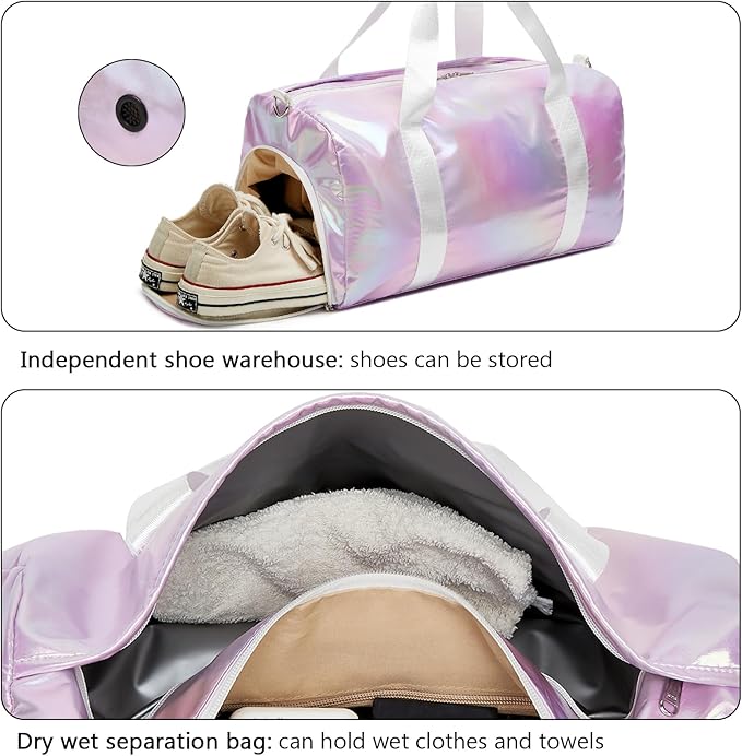 Sports Gym Dance Bag for Women Girls, Shimmery Waterproof Duffle Travel Bag With Shoes Compartment and Wet Dry Pocket (Purple)