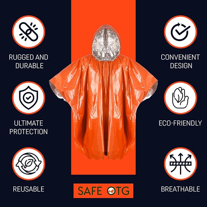 Emergency Survival Rain Poncho 4 pack Thermal Mylar Space Blanket Life Ponchos with Hood Waterproof for Adults Car Outdoor Activities Hiking Camping Gear Equipment and Supplies (Orange and Green)