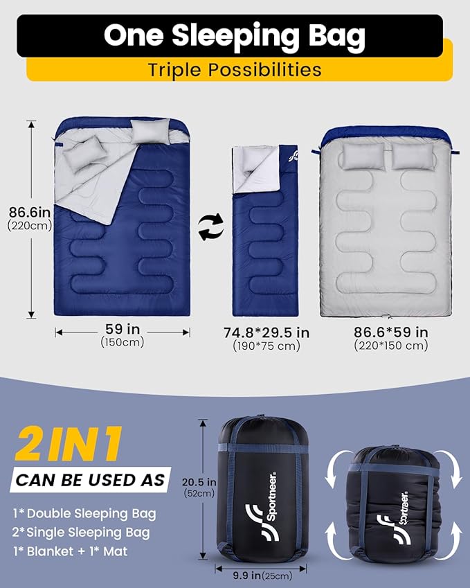Sportneer Double Sleeping Bag for Adults with 2 Pillows, Queen Size Two Person Sleeping Bag for All Season, 2 Person Sleeping Bags for Cold Weather Camping Hiking Backpacking