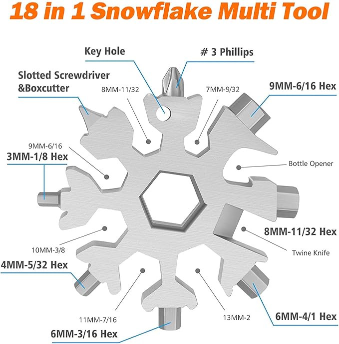18-in-1 Snowflakes Multi Tool, Stainless Steel Keychain Multitool Portable Snowboarding Screwdriver -Bottle Opener for Christmas Gift for Mens