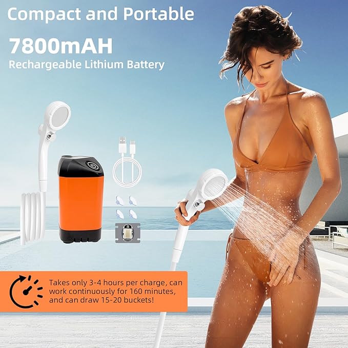 Outdoor Camping Shower, 7800mAh Outdoor Camp Shower Pump, Rechargeable Electric Shower Pump with Intelligent Digital Display, Powered by Rechargeable Battery for Camping, Hiking, Traveling, Orange