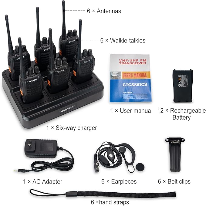 GV-8S Long Range Walkie Talkies with Six-Way Multi-Unit Charger for Adults, 6 Pack Rechargeable Walkie Talkies with 12 Li-ion Batteries, Two-Way Radio with Earpieces and Mic