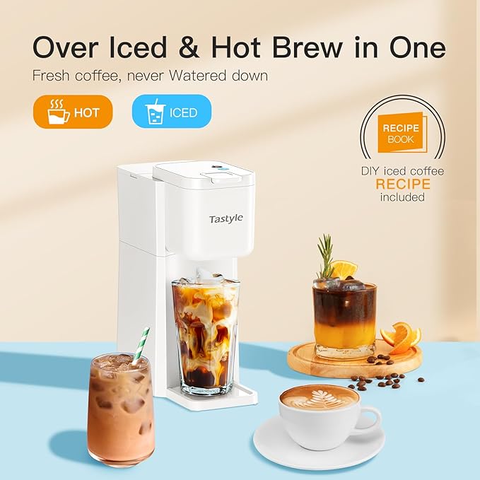 Mini Hot and Iced Coffee Maker Single Serve, for K Cup and Ground, 6 to 14 Oz Brew Sizes, with Recipe Book, for Home, Travel, RV, Office and Dorm, Pearl White