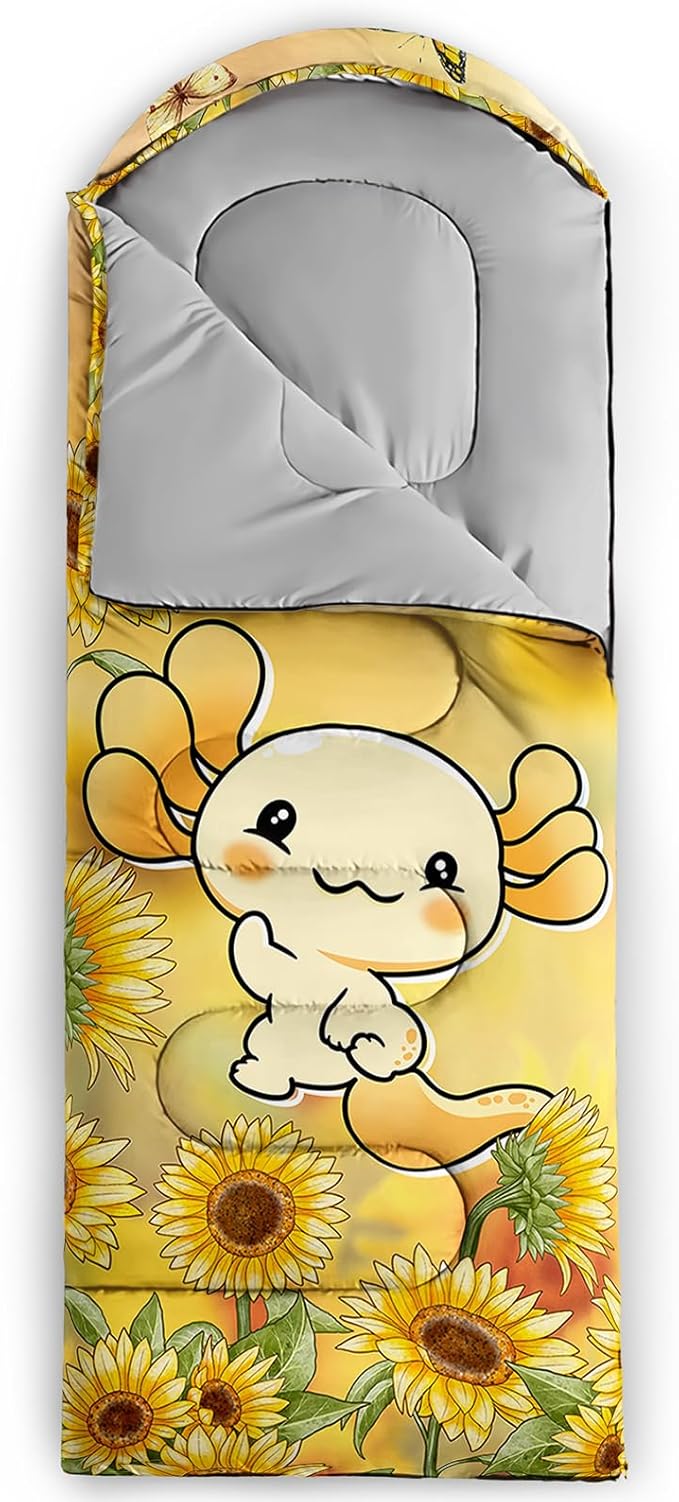 BSNTHO Sunflower Axolotl Printed Camping Sleeping Bag,3 Season Warm & Cool Weather,Lightweight,Waterproof Sleeping Bag for Adults & Kids,Traveling,and Outdoors,Camping Gear Equipment,31x90inch
