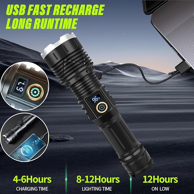 Rechargeable Flashlights High Lumens,LED Flashlights,High Powered 250,000 Lumens Super Bright Tactical ,2LED Bulb,Brightest Flashlight,Handheld Flash Light for Emergencies, Camping, Hiking