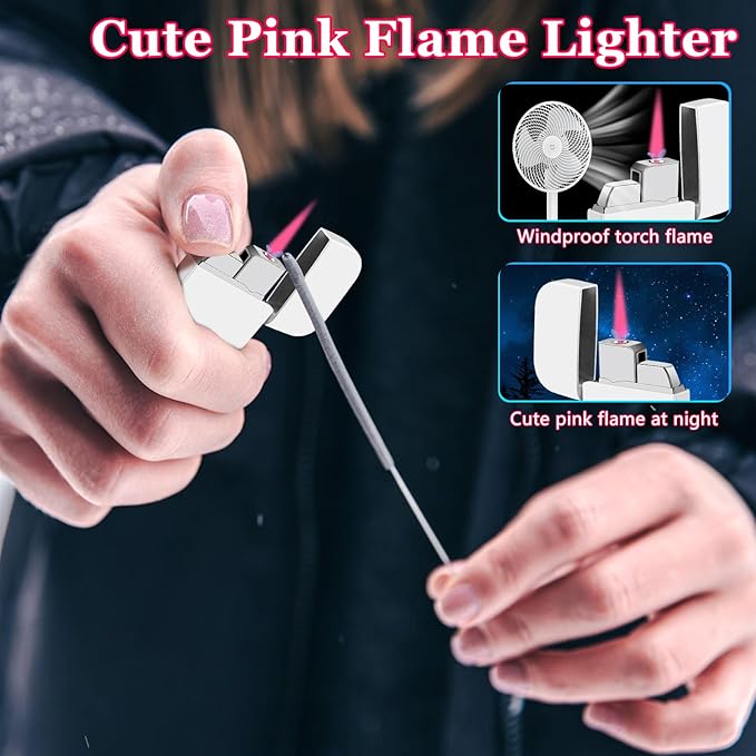 2 Pack Pink Flame Torch Lighter,Cute White Lighter,Refillable Butane Lighter,Windproof Torch Lighter for Outdoor Camping BBQ Candle,Nice Gift for Girls,Women on Birthday,Mother's Day Without Butane