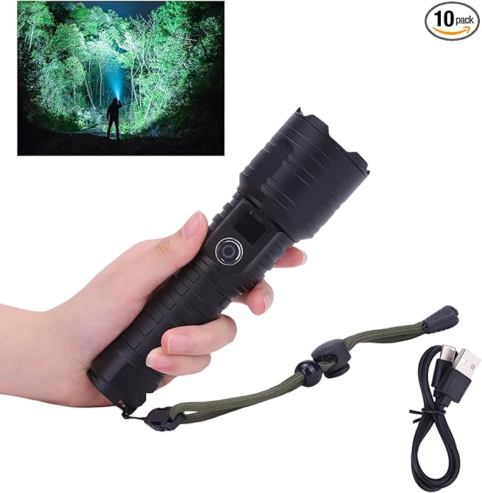 Flashlights High Lumens 10000Lumen Flashlight 5 Modes Power Display IP44 Waterproof, Zoomable High Power Flashlight for Camping Hiking Gift, Flashlights for Emergencies(7.1 * 2)(Battery Free)