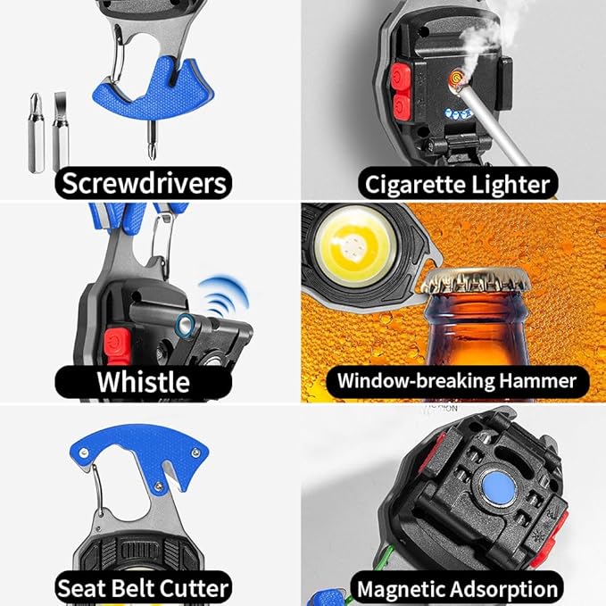 LED Small Flashlight Multitool, Rechargeable Keychain Light, COB Multi-Function Mini Work Light, 500 Lumens, 7 Lighting Modes with Electric Lighter, Seat Belt Cutter, Screwdriver, Whistle