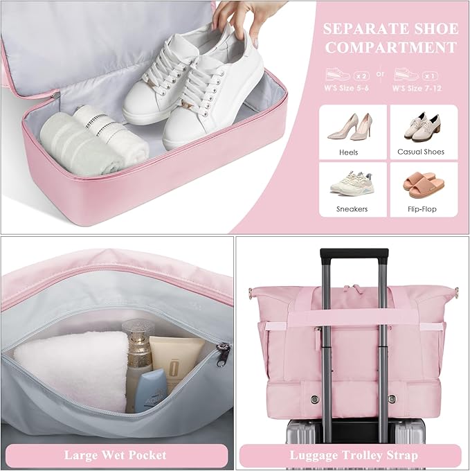 ETRONIK Gym Bag for Women, Personal Item Travel Bag with Shoes Compartment, Weekender Overnight Duffel Bag with Wet Pocket & USB Charging Port, Carry On Bag for Women, Travel, Gym, Weekend (Pink)
