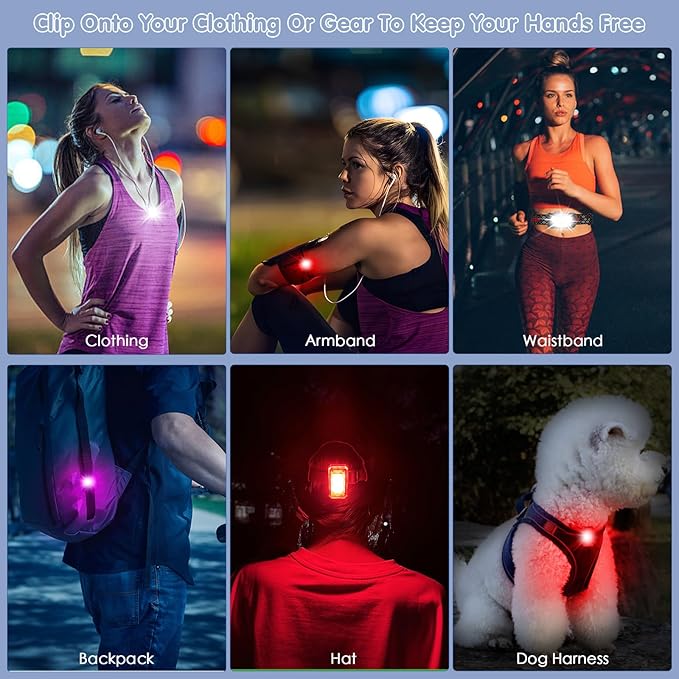 1797 Clip On Running Lights for Runners LED Hands Free Flashlight Night Safety Lamp for Dog Walking Jogging Hiking Running Gear Accessories USB Rechargeable RGB Pack of 4