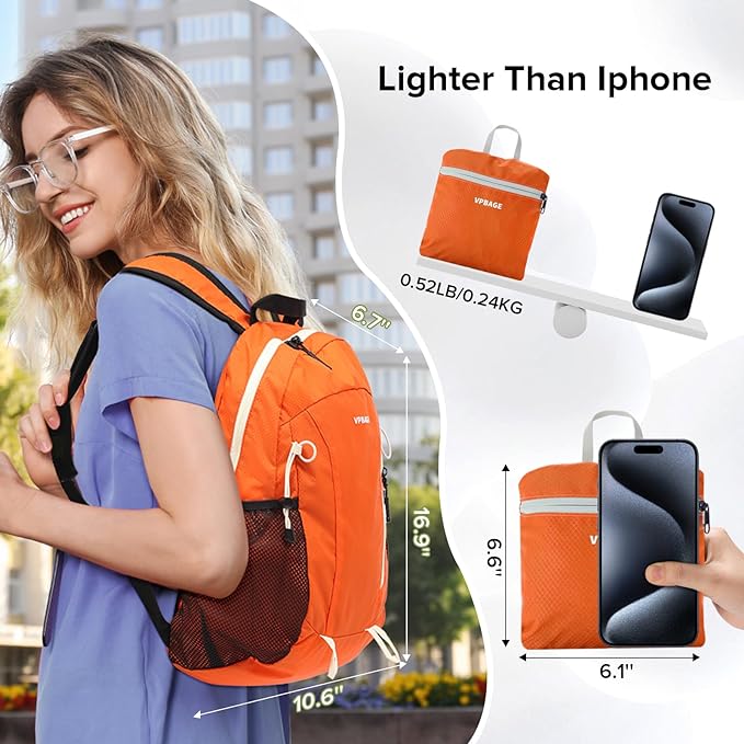 15L Highly Water-resistant Hiking Daypack, Small Backpack Travel Outdoor, Lightweight Day Pack with Tool Loops(Orange)