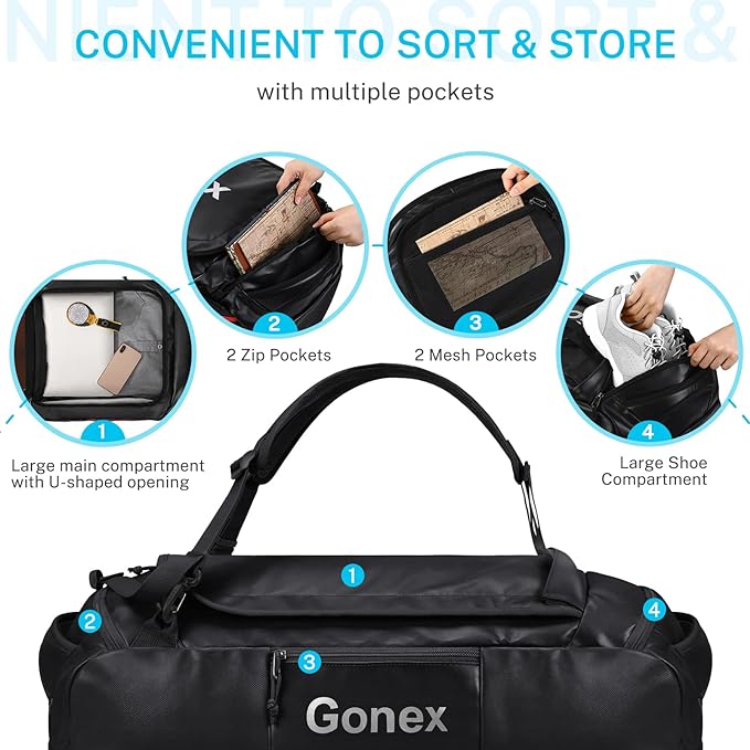 Gonex 80L Duffel Bag Backpack, Convertible to Gym Backpack and Handbag for Men Women, Water-Repellent for Hiking Camping Travelling Cycling, Black