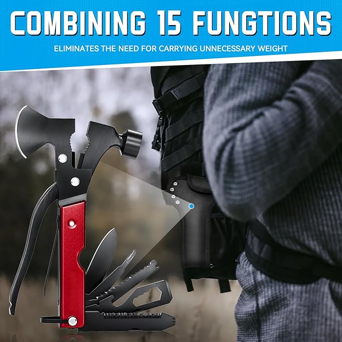 15 in 1 Multitool Axe Hatchet, Camping Accessories Survival Gear, Cool Gadgets Christmas Gifts for Men, Dad, Husband, Multi Tool Gifts for Camping Hiking Survival