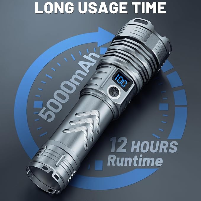 Rechargeable 900,000 High Lumens Flashlights, Super Bright LED Flash Light as Powerbank with 5 Light Modes & IPX6 Waterproof, 5000mAh,12 Hours Long Life for Home, Camping, Outdoor