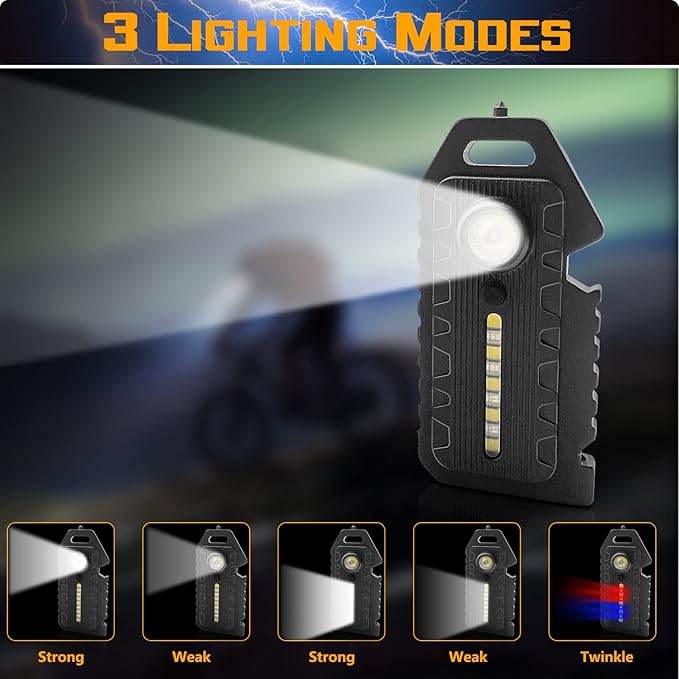 2 Pcs LED Small Flashlight, Bright Rechargeable Keychain Flashlights 3 Light Modes Portable Magnetic Pocket Light with Hanging Rope Bottle Opener Window Breaker Whistle for Fishing Camping