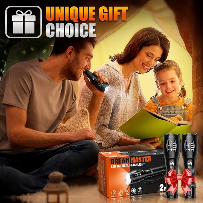 Dream Master 2 Pack LED Flashlights High Lumens with 6 AAA Batteries, 5 Modes Mini Waterproof Tactical Bright Flashlight for Camping Hiking, Fathers Day Dad Gifts for Him, Men, Dad