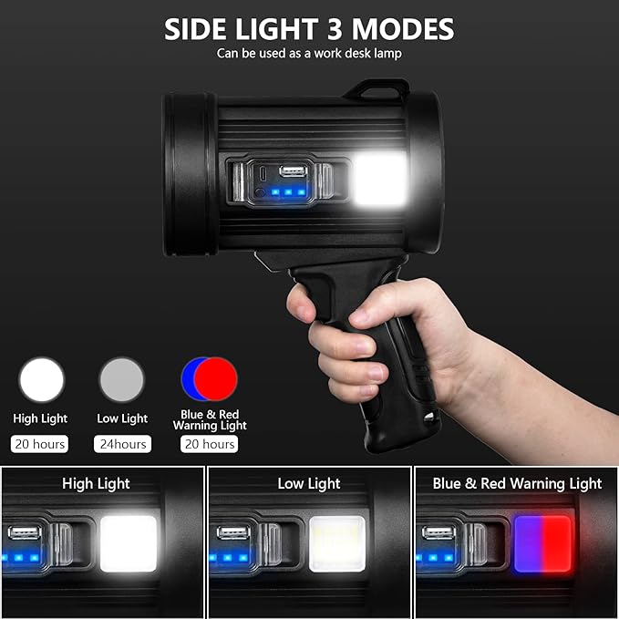 MIXILIN Rechargeable Spotlight, 1000,000 Lumens Handheld Hunting Flashlight Led Spot Light with Cob Light and Solar Panels, Lightweight and Super Bright Spotlight for Hunting Boating Camping