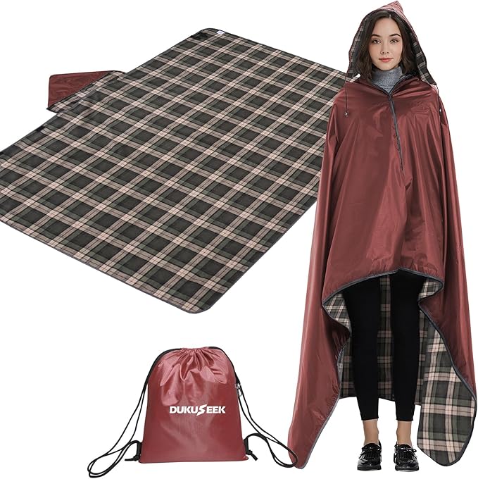 DUKUSEEK Stadium Blanket for All Weather, Waterproof Outdoor Blankets with Hood, Soft Warm Fleece Camping Blanket Windproof for Outdoor Sports, 79"x 59"