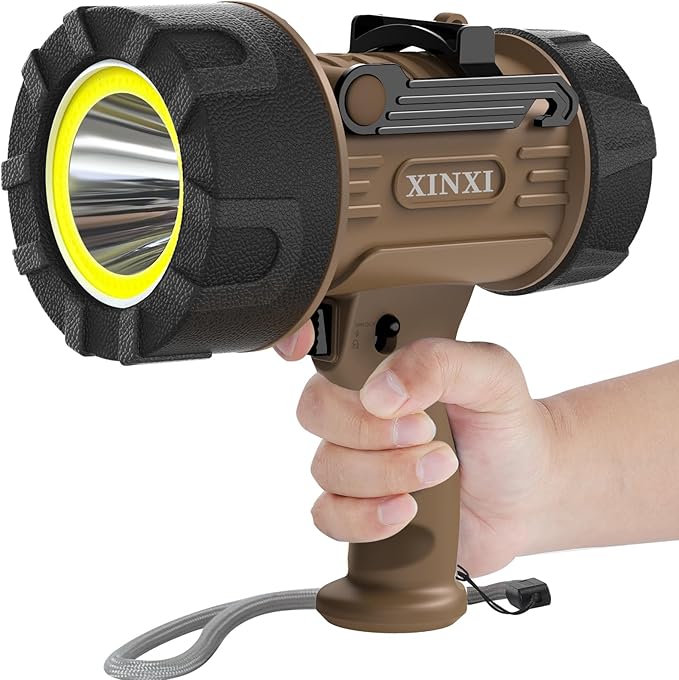 XINXI 1000,000 Lumens Rechargeable Spotlight with COB Floodlight, 6 Light Modes and USB Charger for Hiking, Boating, Hunting, IP67 Waterproof Handheld Flashlight with red Filter(Brown)