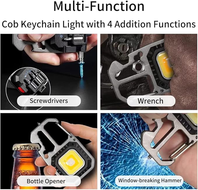 Cob Mini Flashlight Keychain Light, 500 Lumens Bright Rechargeable, Small Multi-Function Work Light, 7 Modes Portable Pocket Light Battery Display Bottle Opener for Camping Emergency Lighting