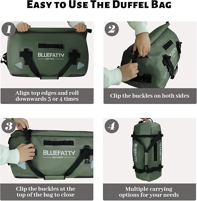 Large Waterproof Duffel Bag Roll-top Heavy Duty Dry Duffle Bags for Motorcycling, Rafting, Boating, SUP, Kayaking, Travel, 70L(Army Green)