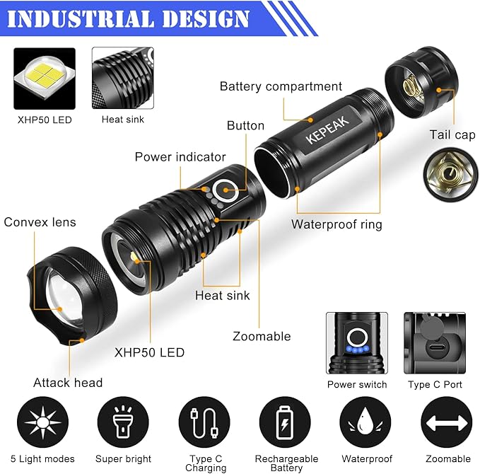 KEPEAK Rechargeable LED Flashlight High Lumens, Super Bright 10000 Lumens Tactical Handheld Flash Light, Water-Resistant, Zoomable, 5 Light Modes for Emergency, Camping