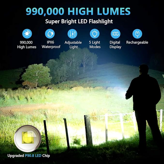 Rechargeable Led Flashlights High Lumens, 990000 Lumens Super Bright Powerful Flashlight, 5 Modes Flash Light, IPX6 Waterproof Tactical Flashlights for Home, Camping, Emergencies