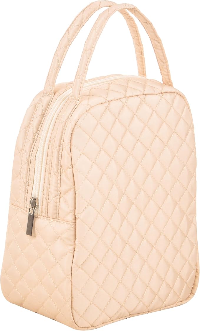 Machine Washable Women Quilted Fabric Insulated Reusable Cooler Lunch Bag Tote Adult Thermal Lunch Box Storage Bag for Work (Beige)