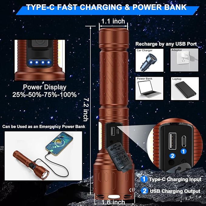 Rechargeable Magnetic Flashlights 100,000 High Lumens, Super Bright LED Powerful Flashlight 8 Modes with COB Work Light, Waterproof Handheld Flash Light for Camping (2 Pack with Paper Box, Brown)