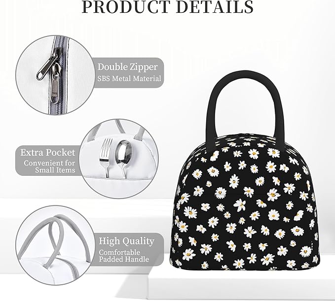 Daisy Lunch Bag Lunch Box for Women Men Boys Girls, Reusable Insulated Lunch Tote Bag, Leakproof Thermal Cooler Sack Food Handbags High Capacity for Work School Picnic Camping Gifts
