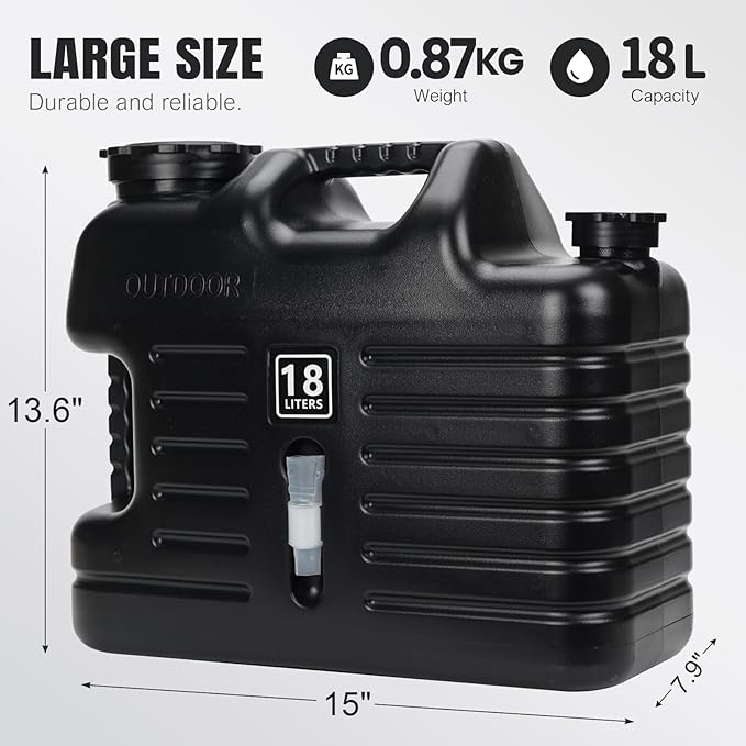 Camping Water Jug, Camping Water Container,4.76 Gallon BPA Free Water Storage with Spigot, Large Water Tank,Portable Emergency Water Storage for Camping,Car, Hiking, Hurricane Supplies.Black