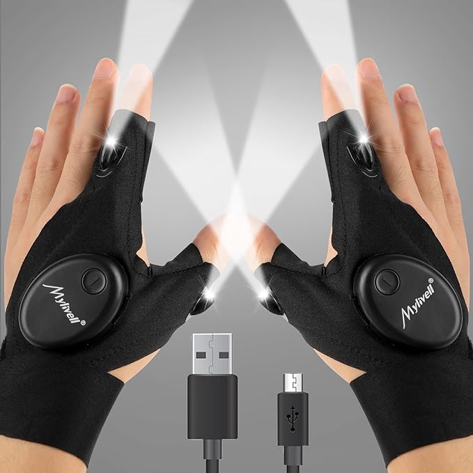 Mylivell Handsfree LED Flashlight Gloves Unique Gift for Men Women Dad Him Boyfriend Husband, Ideal for Fishing Camping Repairing Bright Flexible Rechargeable Fathers Day Christmas Birthday Gifts