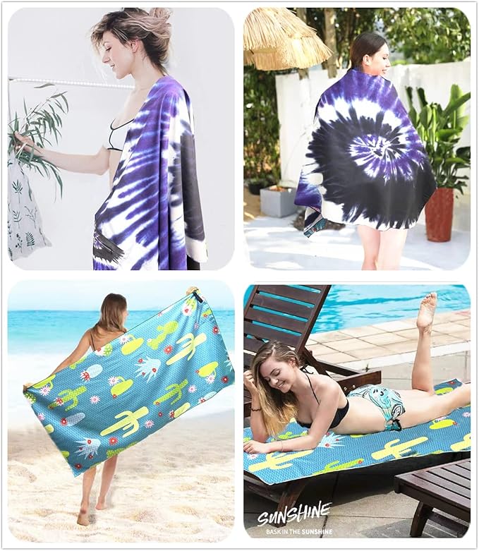 Microfiber Sand Free Beach Towel with Zipper Pocket ,Quick Fast Dry Oversized Lightweight Big Large Towels for Travel Pool Swimming Bath Camping Adult Women Men Tie Dye Beah Towel (tie dye purple)