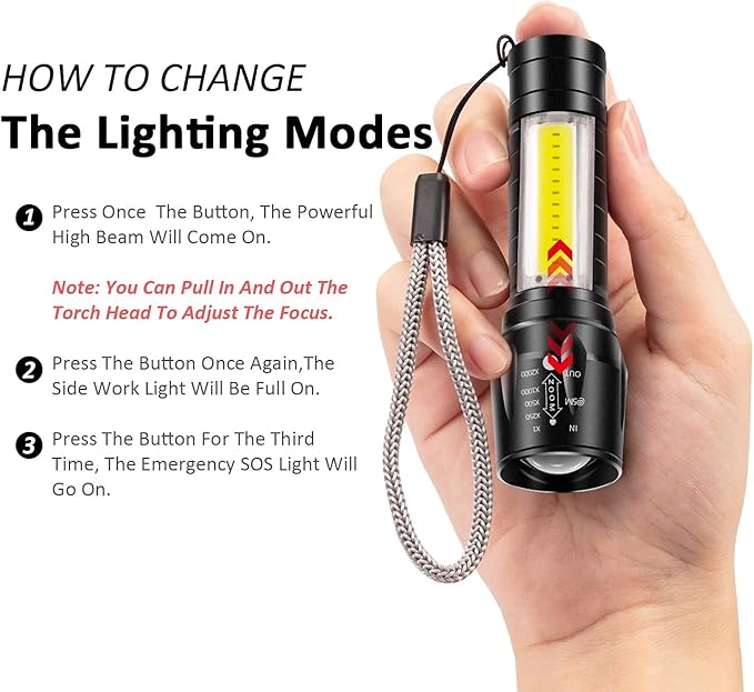 Led Flashlight Rechargeable USB Torch Mini Small Light Super Bright Handheld Tiny Portable Pocket Flash Light with COB Side Searchlight High Lumens Zoomable Emergency Camping Accessories 2 Pack
