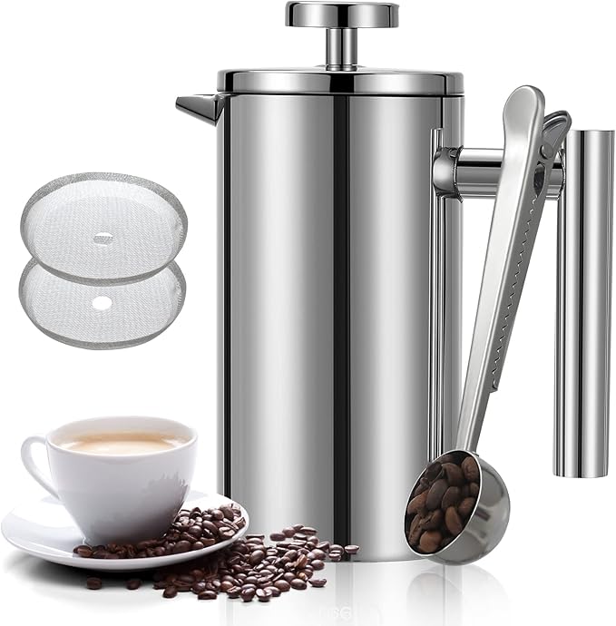 French Press Coffee Maker 34oz, Double-Wall Insulated French Press Stainless Steel 1L for travel camping, Included 2 Extra Screens and 1 Coffee Spoon (6-8cup 1000ml)