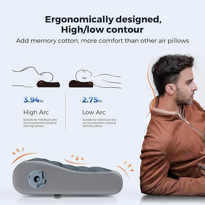 FLEXTAILGEAR Neck Contour Inflatable Camping Pillow, Ergonomic Travel Pillow Backpacking Gear with Washable Removable Cover Separate TPU Bladder for Camp, Hiking, Airplane, Road Trip, Office