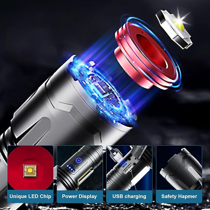 Flashlights High Lumens Rechargeable,300000 Lumens Super Bright Flashlights, 7 Modes with COB Work Light, Zoomable, IP67 Waterproof Flash Light with Cases for Emergency Camping
