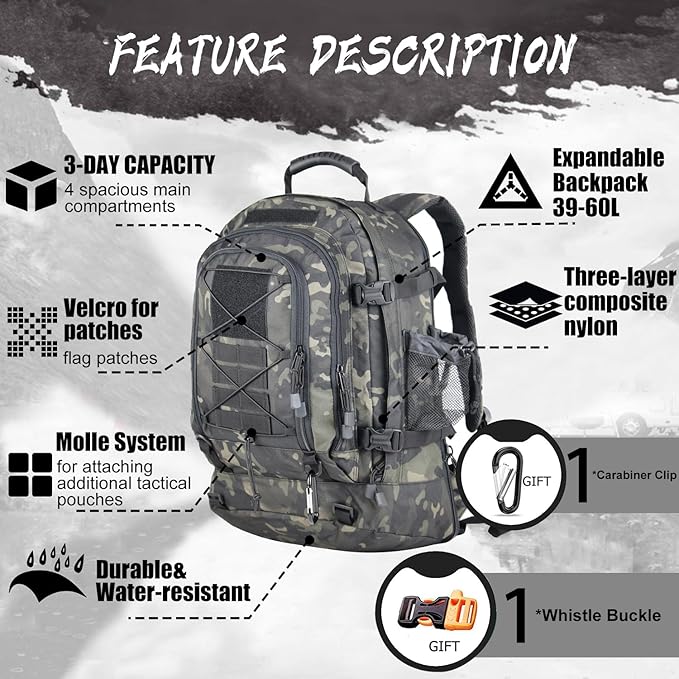 Expandable 40-64L Military Tactical Backpack 3 Day Bag Hiking Gym Sport Camping