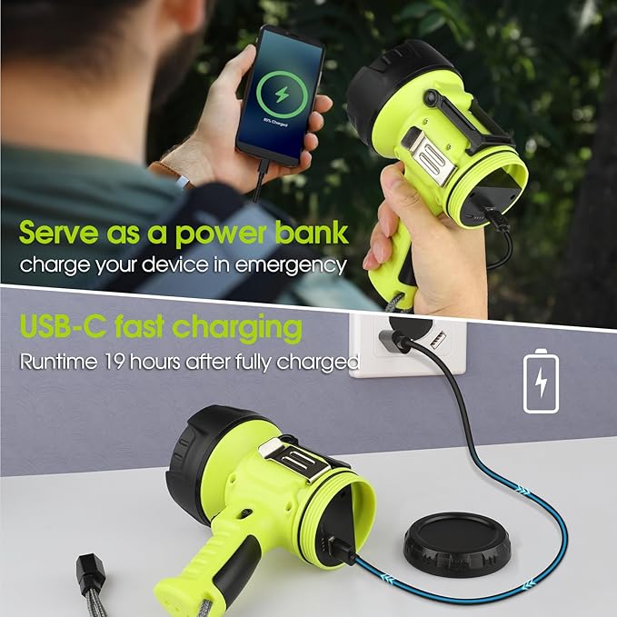 Rechargeable Spotlight Flashlight with 1000,000 High Lumen LED, Waterproof Handheld Bright Outdoor Spot Light Searchlight for Boating, Camping