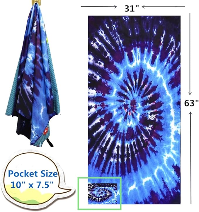 Beach Towel Microfiber Beach Towel with Pocket Sand Free Beach Blanket Super Lightweight Thin Towels for Swimming Pool, Camping, Picnic, Yoga Gym Sports, Blue Die dye Beach Towels (tie dye blue)